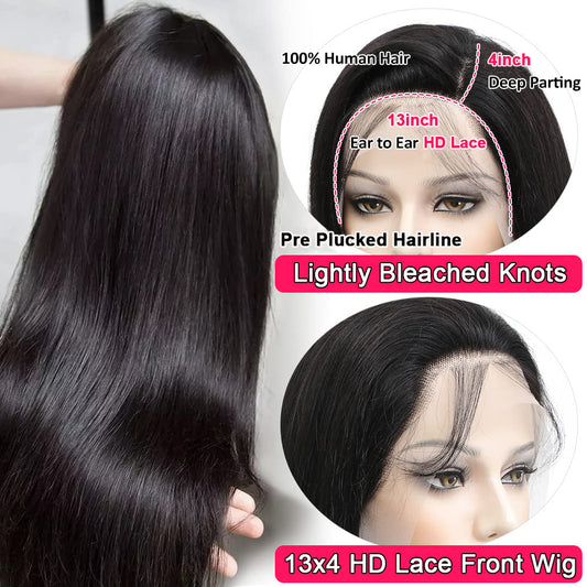 13x4 Straight Lace Front Wigs 180% Density Human Hair Wig Pre Plucked with Natural Hairline, Natural Colr 100% Human Hair Wigs for Black Women